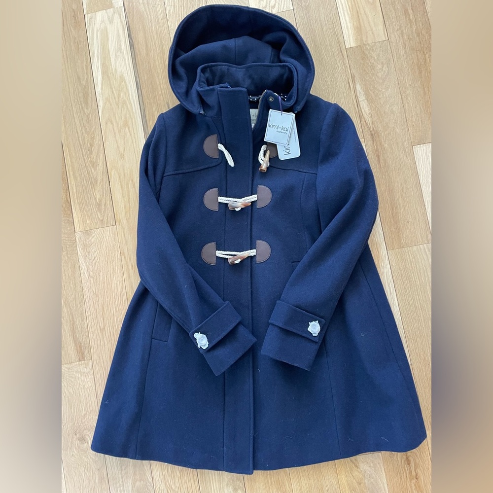 Kimi + Kai Navy Maternity “Paisley” Wood Blend Duffle Toggle Coat